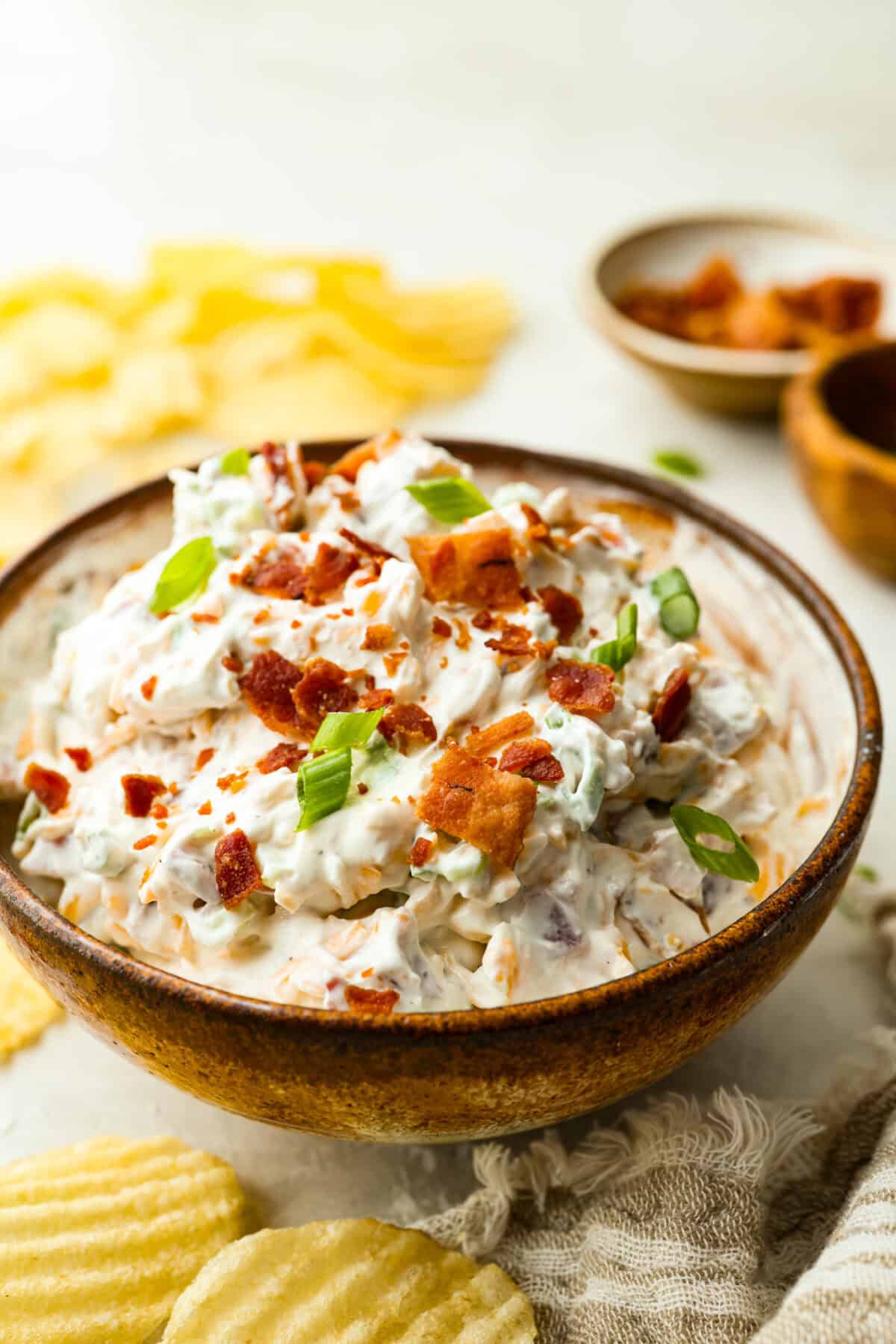 You need to stop what you’re doing and make this loaded baked potato dip right now! It’s creamy, cheesy, bacony perfection! Literally to die for! It's perfect for game day, parties, or to snack on while you catch up on your favorite show. Bowl of loaded baked potato dip.
