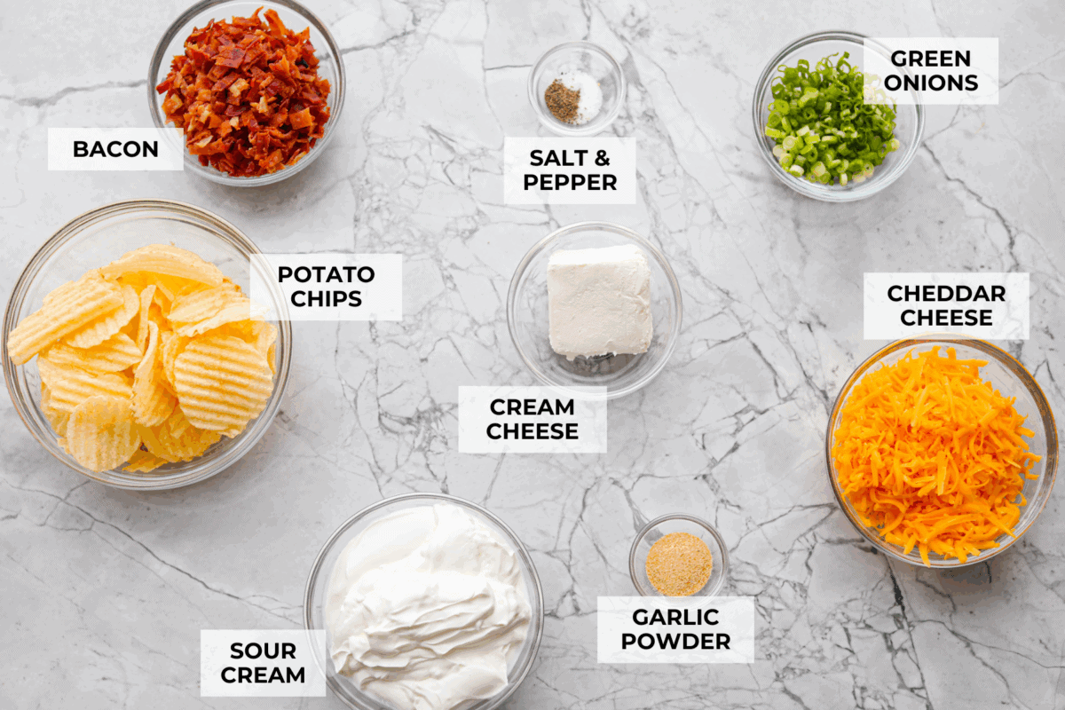 You need to stop what you’re doing and make this loaded baked potato dip right now! It’s creamy, cheesy, bacony perfection! It’s to die for. It's perfect for game day, parties, or to snack on while you catch up on your favorite show. Overhead shot of labeled ingredients.