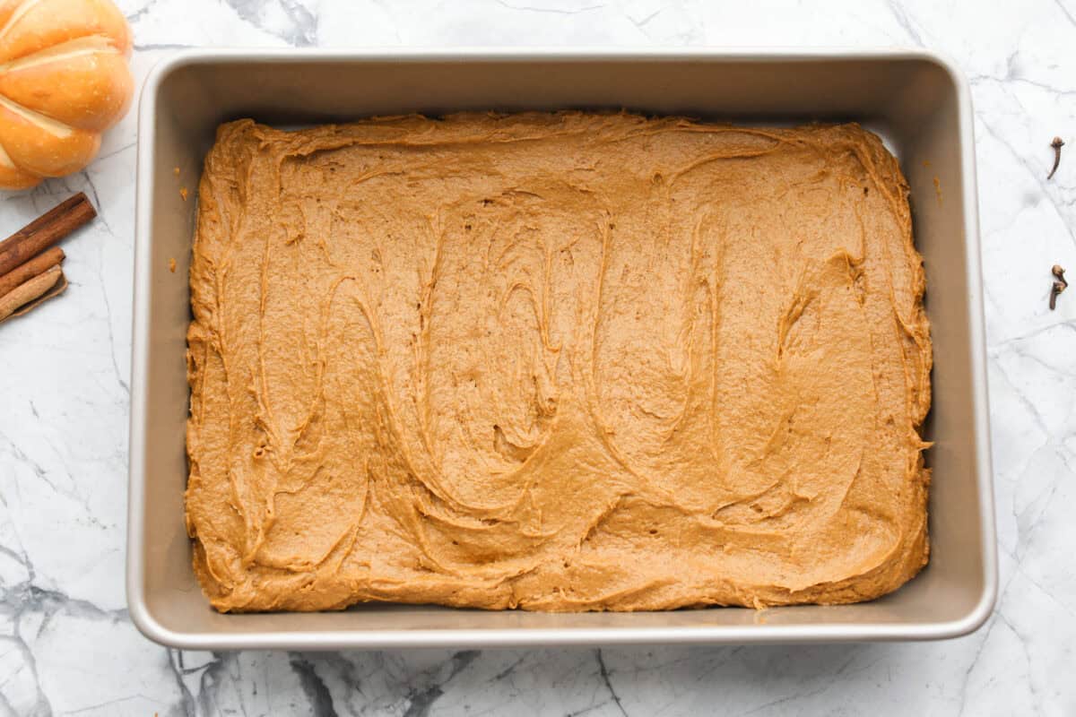 Cake batter mixed and spread out in the bottom of a 9x13 pan. 