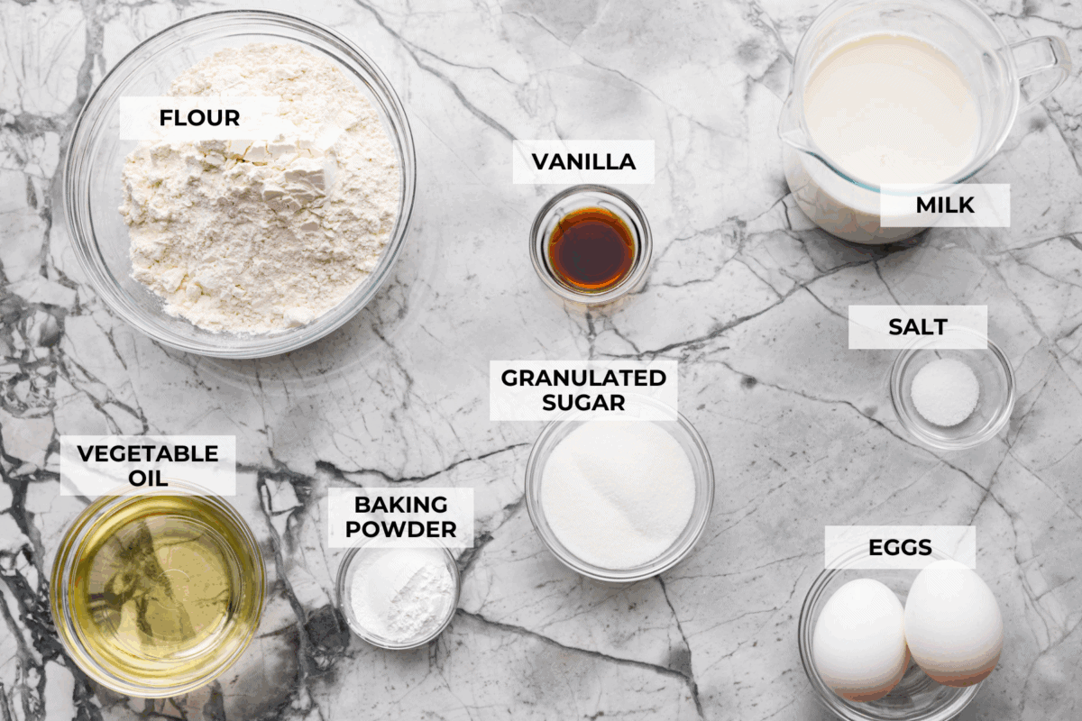 Overhead shot of labeled ingredients. 