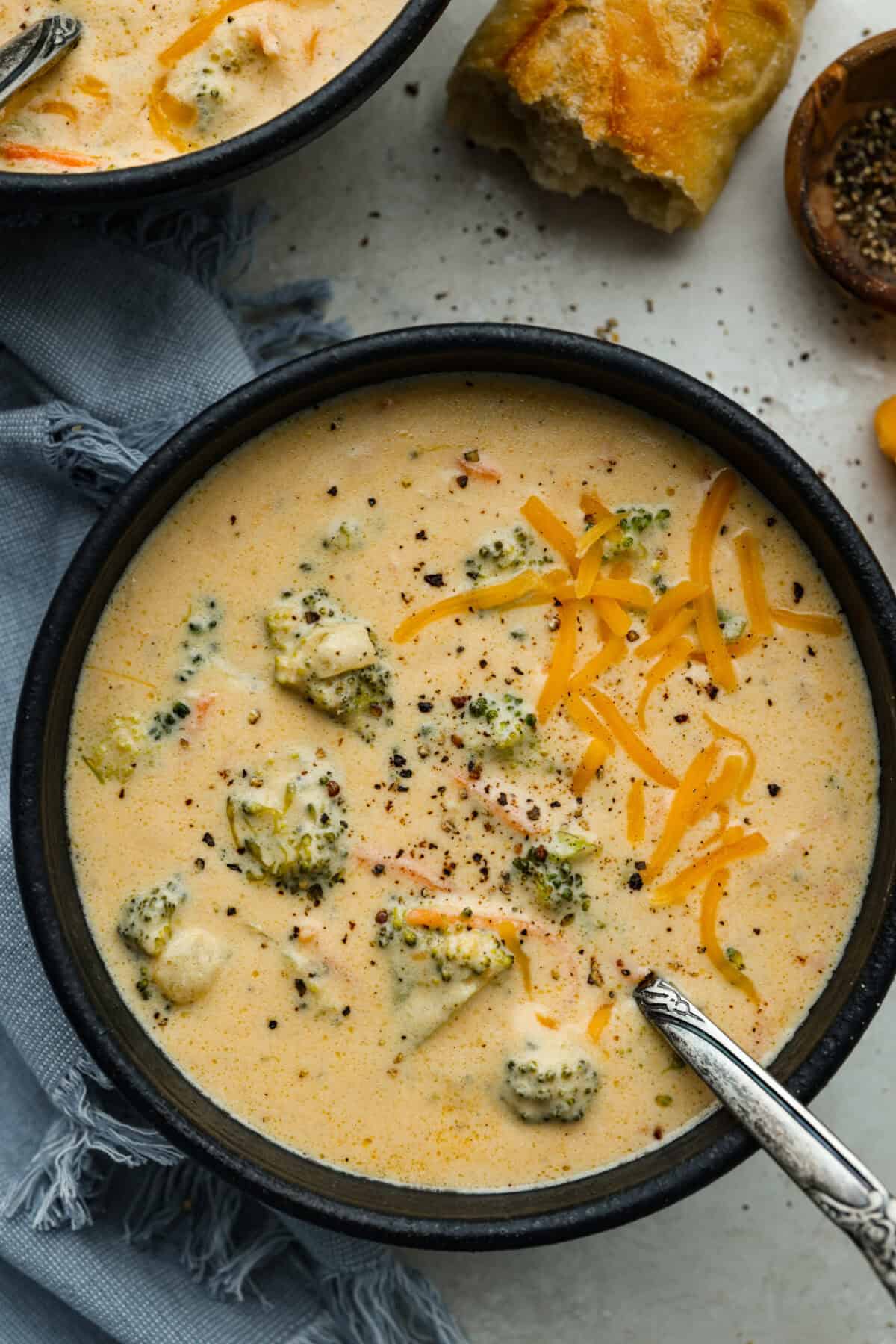 Bowl of Panera broccoli cheese soup.