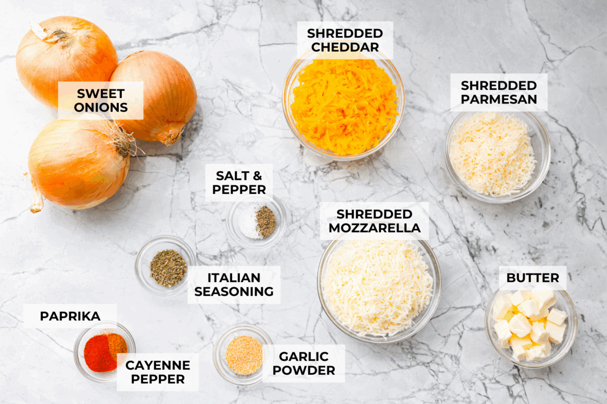 Overhead shot of labeled ingredients. 