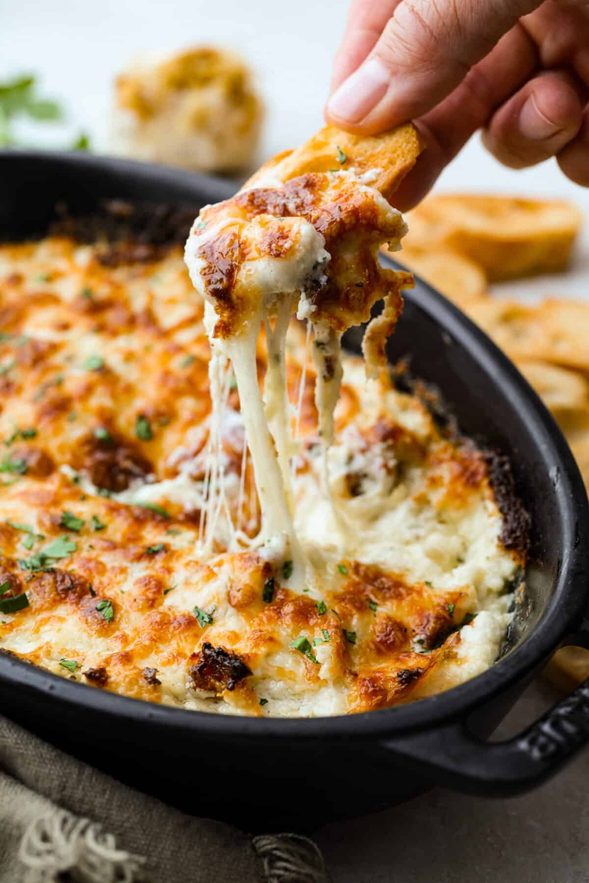Cheesy garlic bread made into the dip of your dreams! This Garlic Bread Dip is full of roasted garlic and layers of melty cheese. It's irresistible from the very first bite! Someone puling up a cheesy bite of garlic bread dip with a crostini.