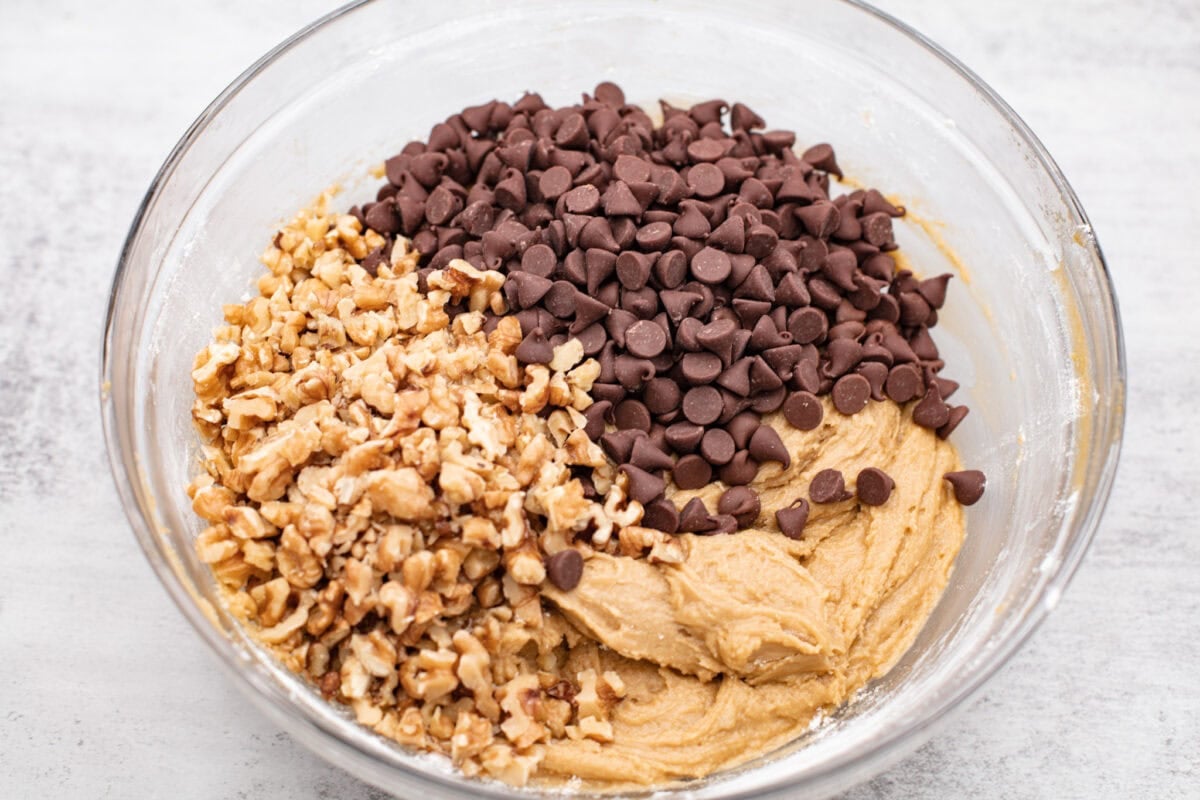 Nuts and chocolate chips added to the combined wet and dry ingredients.