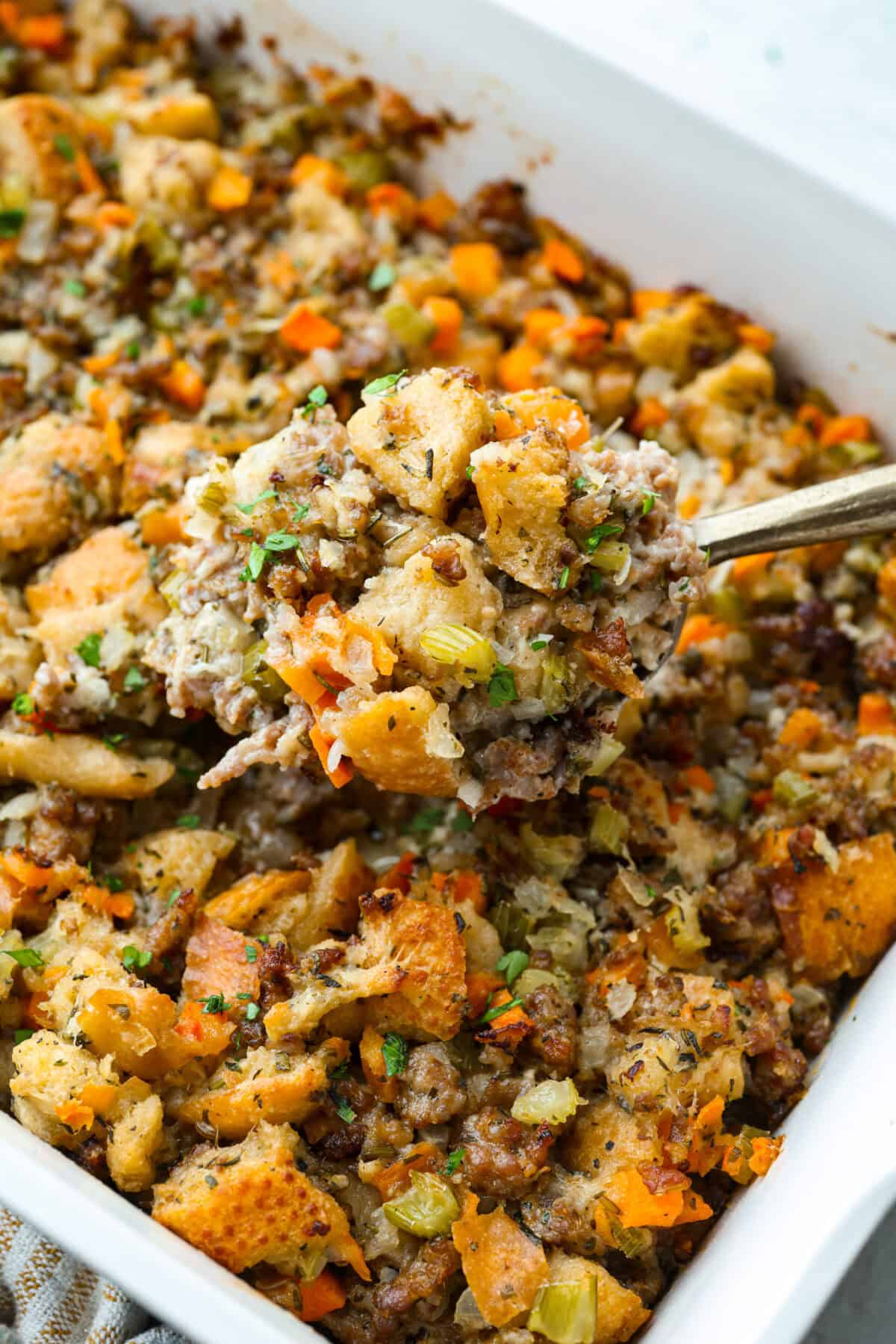 Close up shot of baked sourdough stuffing.