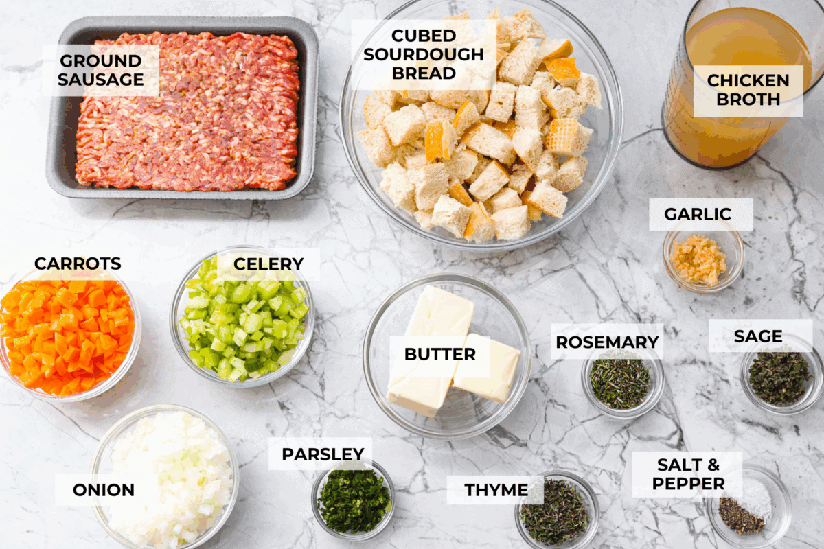 Overhead shot of labeled ingredients. 