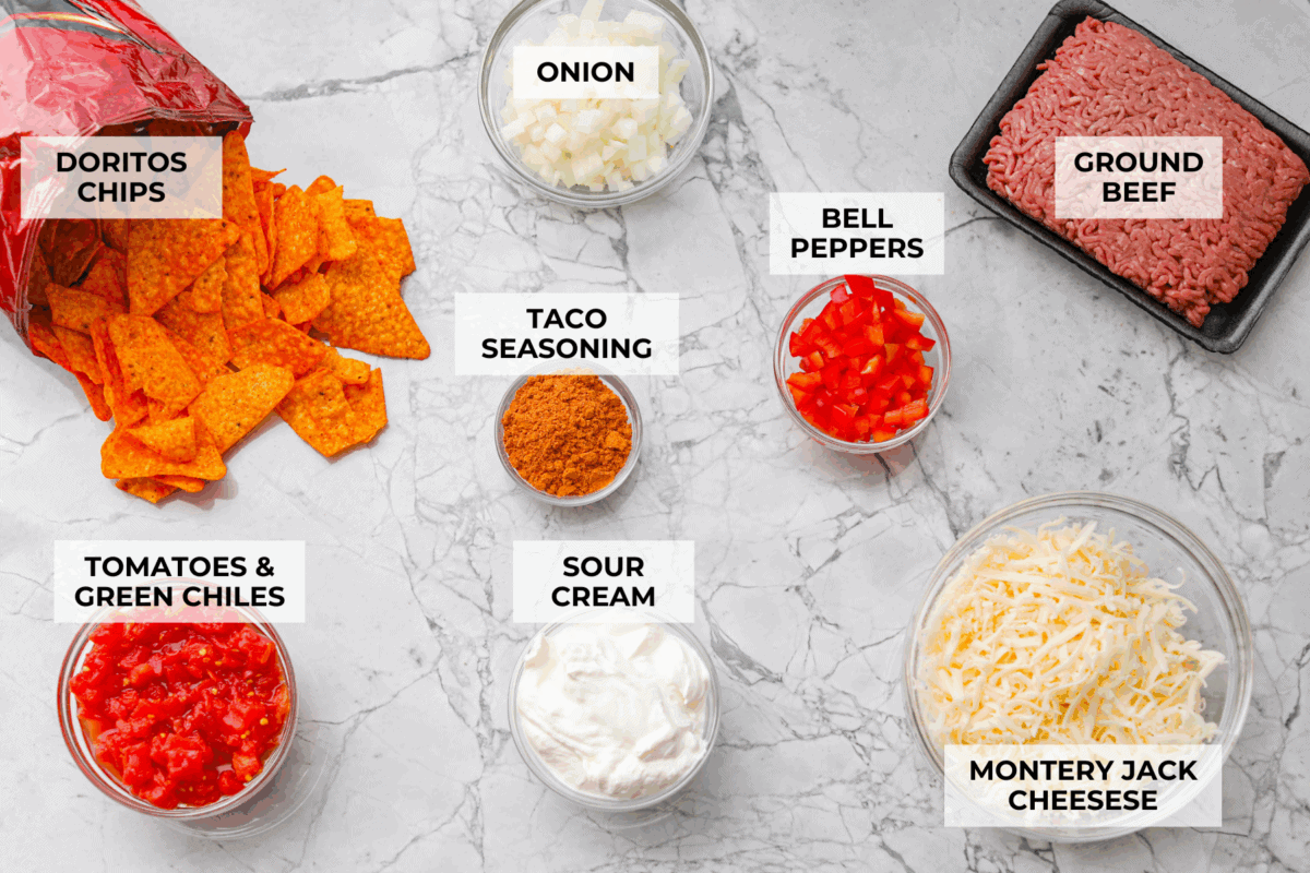 Overhead shot of labeled Doritos casserole ingredients. 
