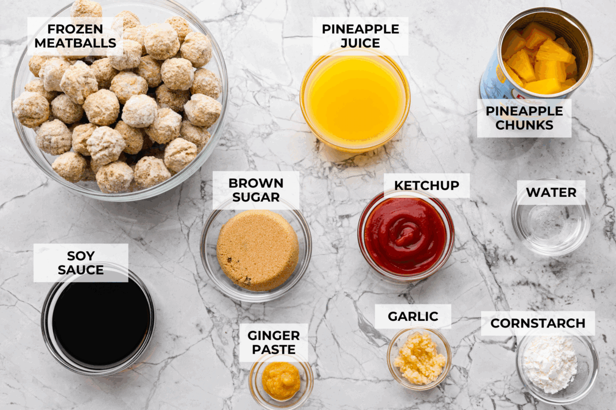 Overhead shot of labeled crock pot huli huli meatballs ingredients.