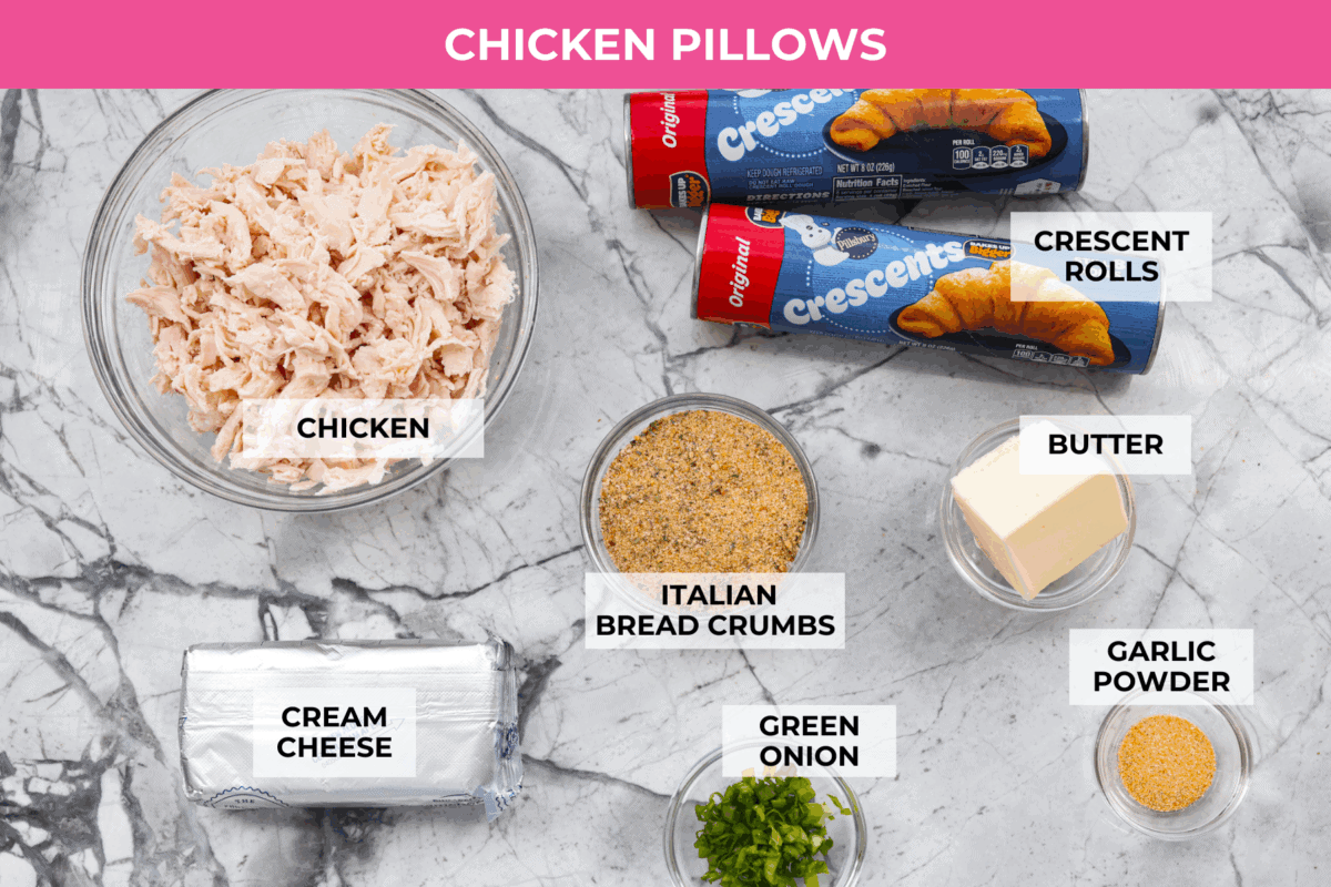 Overhead shot of labeled chicken pillow ingredients.