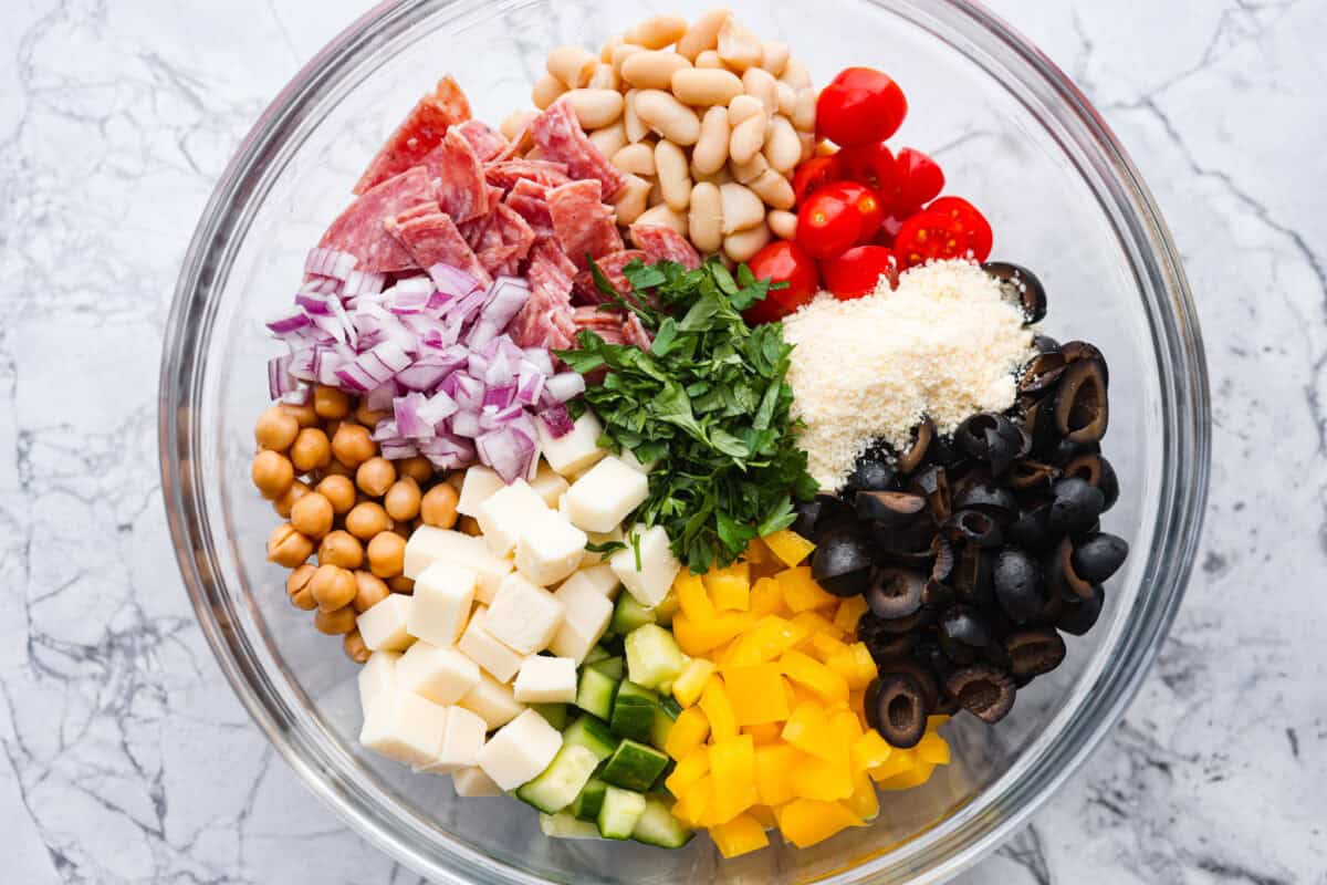 Overhead shot of all of the ingredients added to a large mixing bowl.
