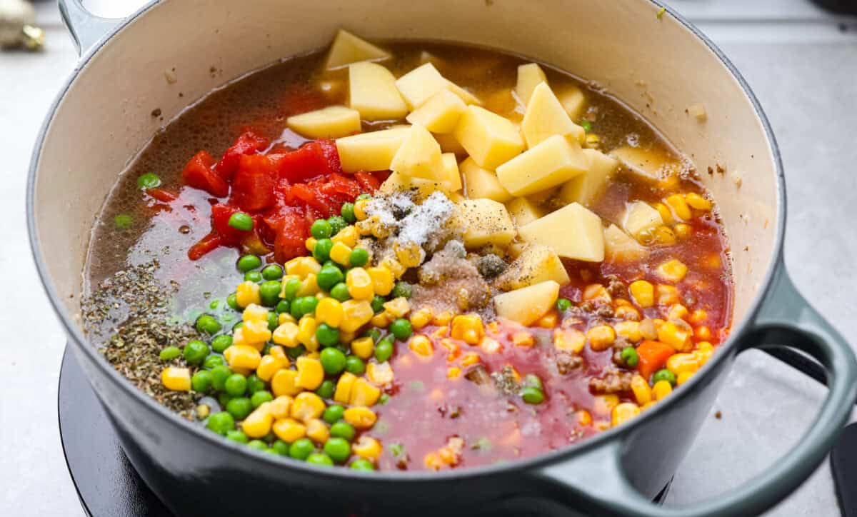 If groceries feel higher than ever, you’re not alone. That’s why I love hobo stew. It's cozy, hearty, and made from whatever’s in the pantry. It turns simple ingredients into a meal everyone will love. All of the soup ingredients added to the pot.