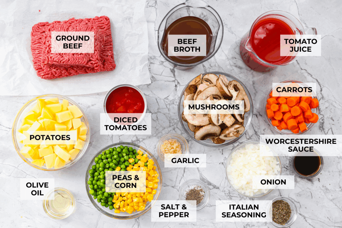 If groceries feel higher than ever, you’re not alone. That’s why I love hobo stew. It's cozy, hearty, and made from whatever’s in the pantry. It turns simple ingredients into a meal everyone will love. Overhead shot of labeled ingredients.