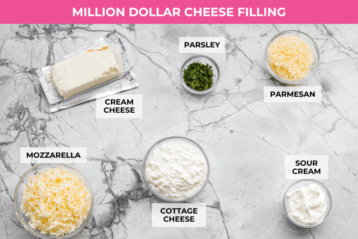 Overhead shot of labeled million dollar cheese filling ingredients. 