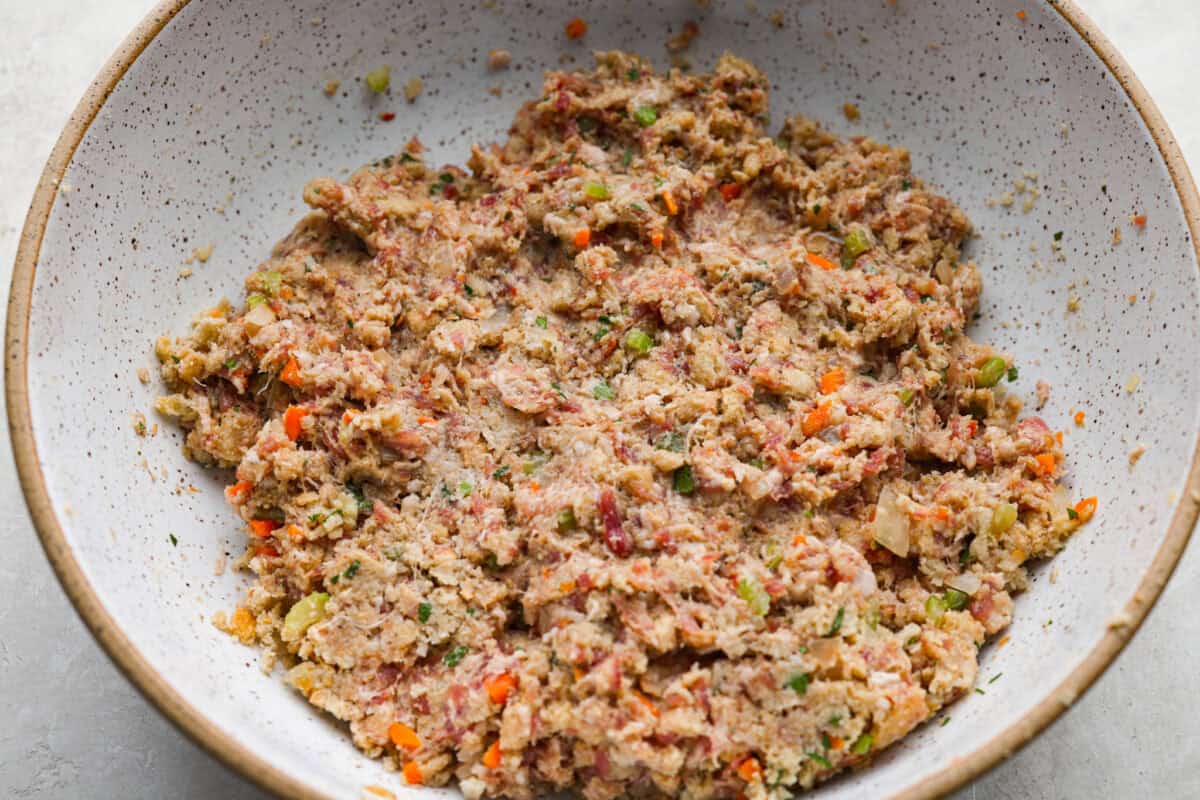 All of the ingredients mixed together in a mixing bowl. 
