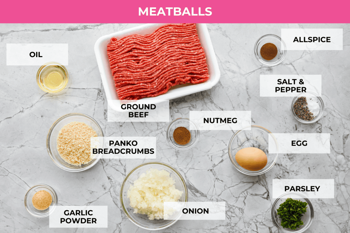 A top down shot of the ingredients for the swedish meatballs. 