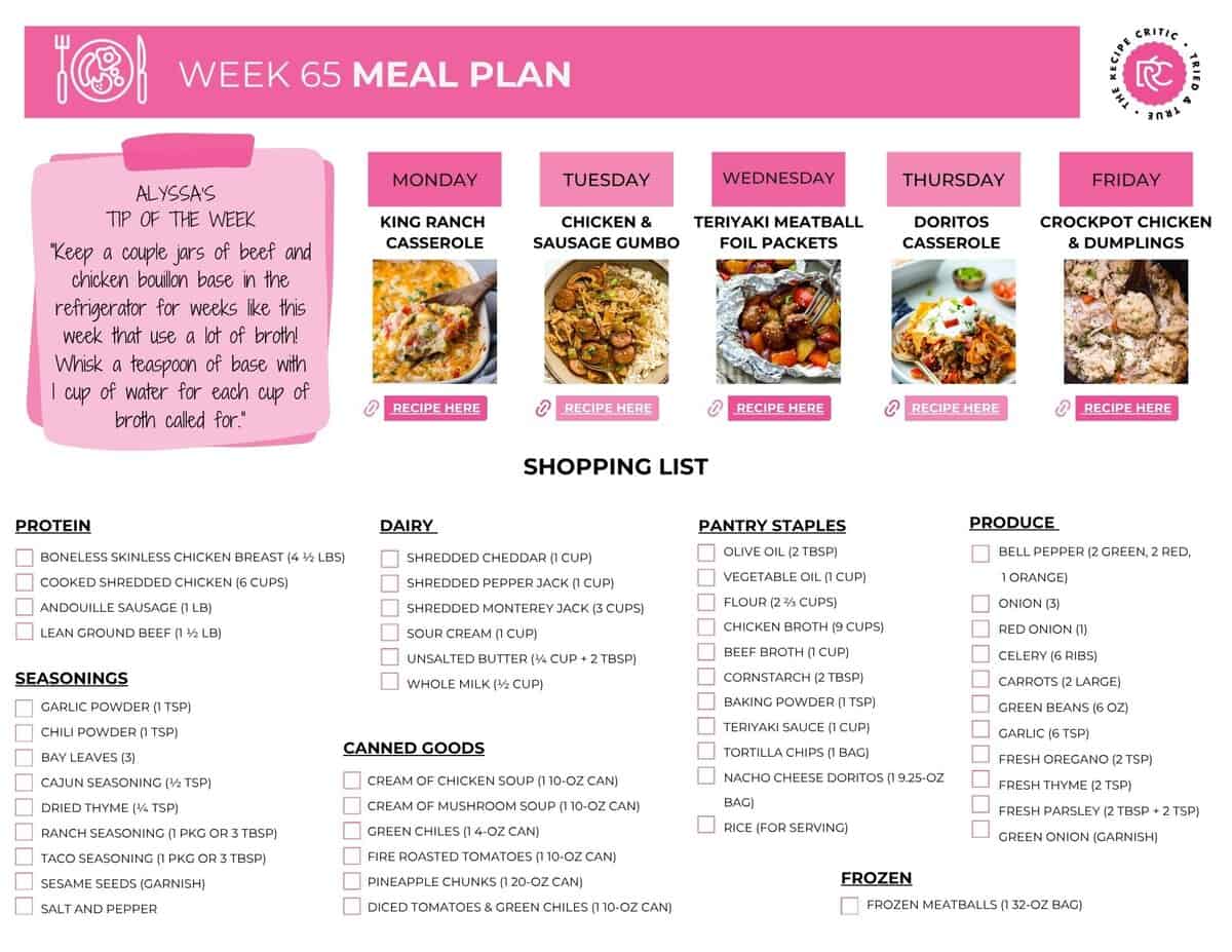 Image of the free printable shopping list to go with the weekly meal plan.