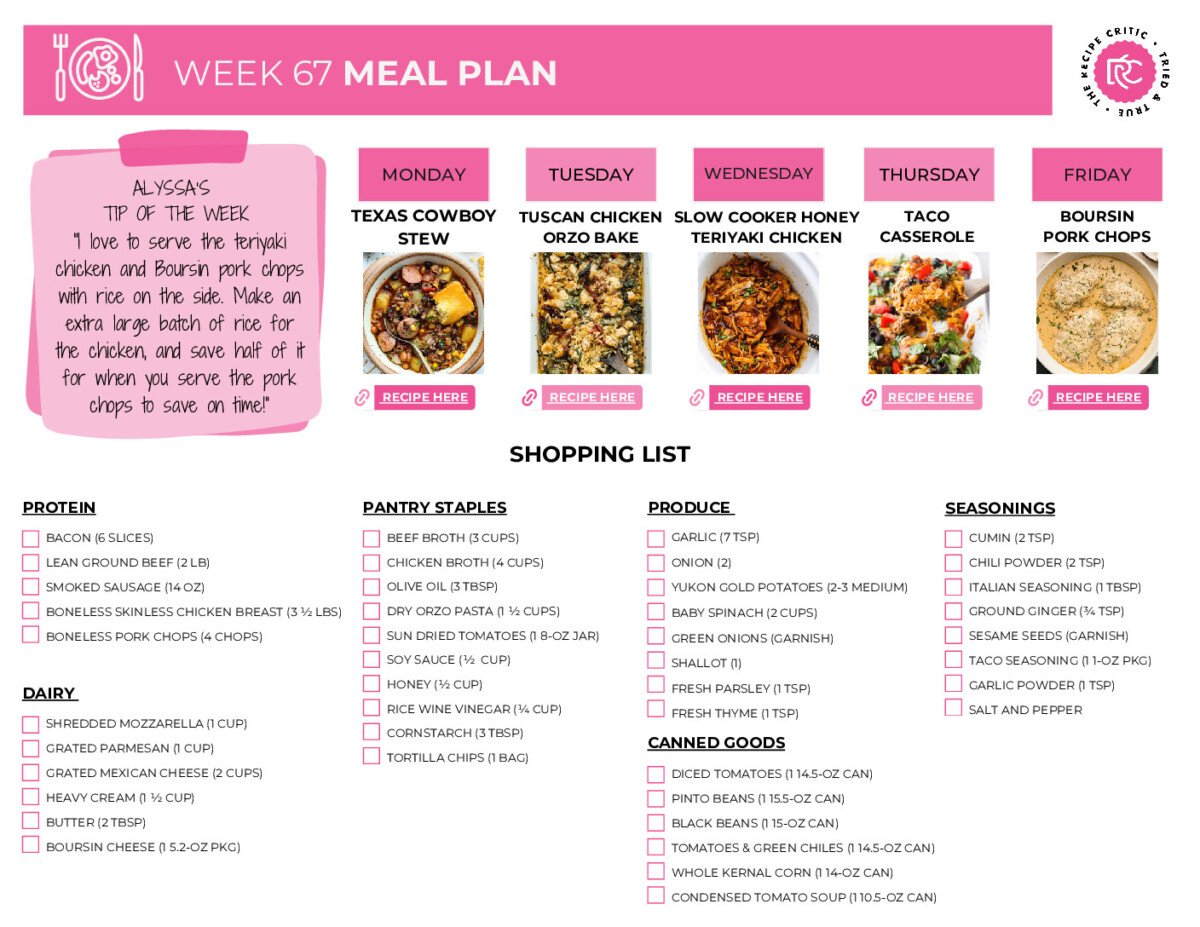 Image of the printable shopping list for this weekly meal plan.
