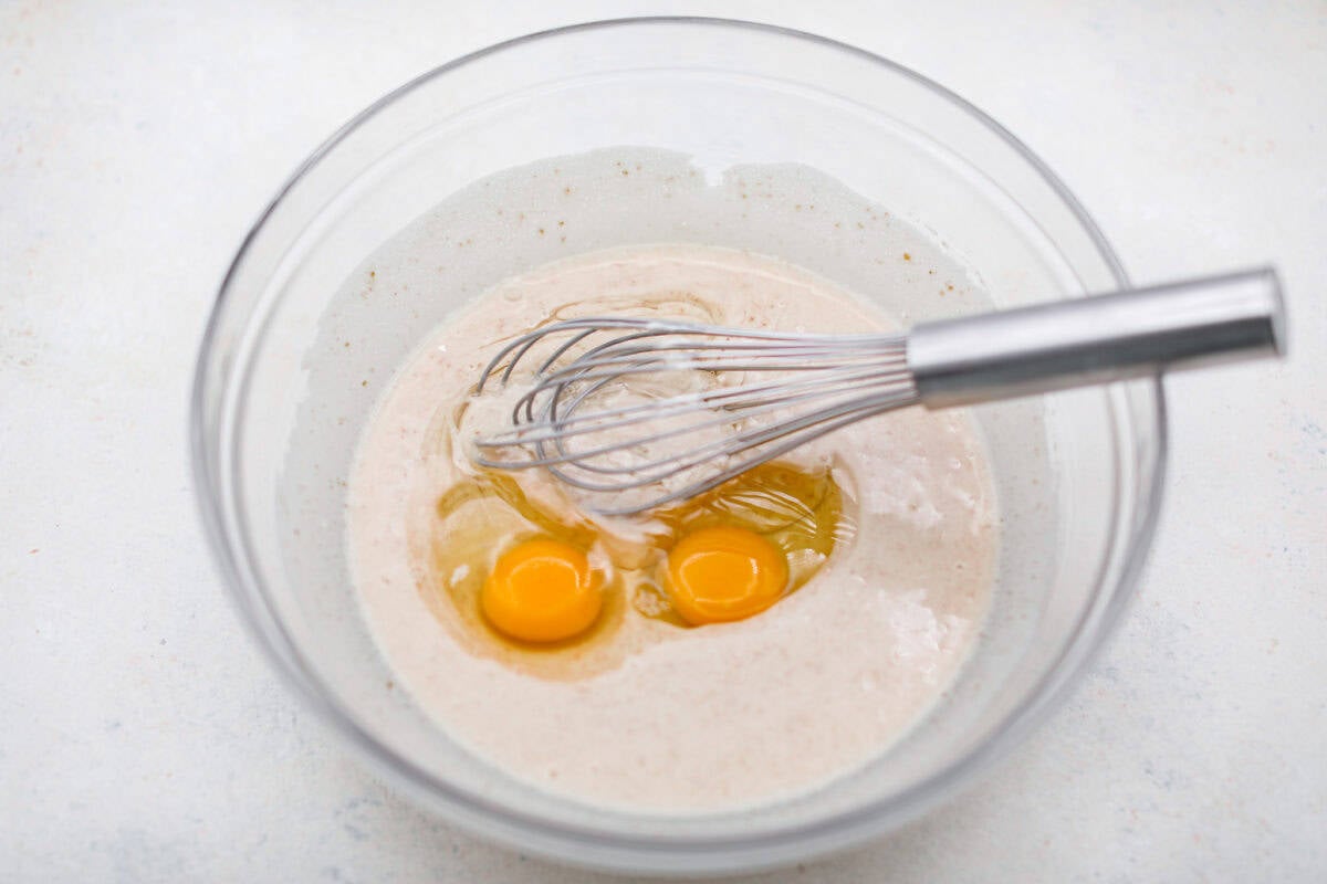 Two eggs added to the buttermilk, oil and sugar mixture. 