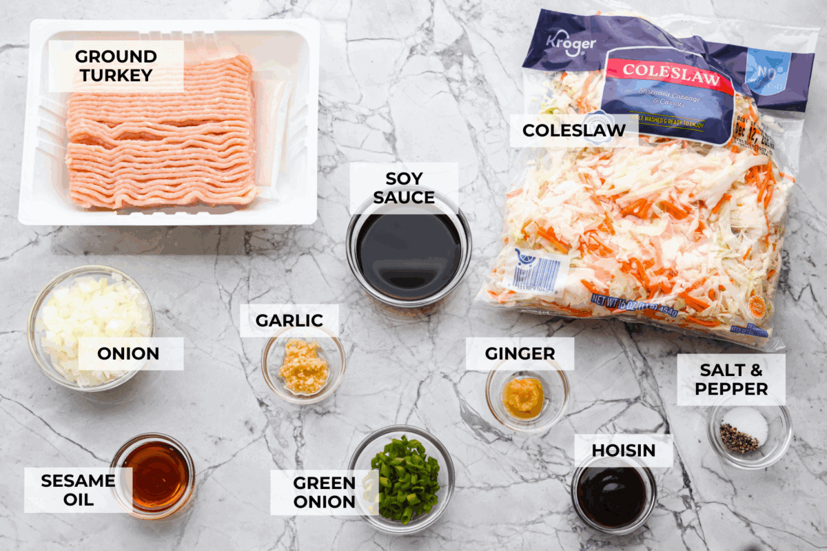 Overhead shot of labeled egg roll in a bowl ingredients. 