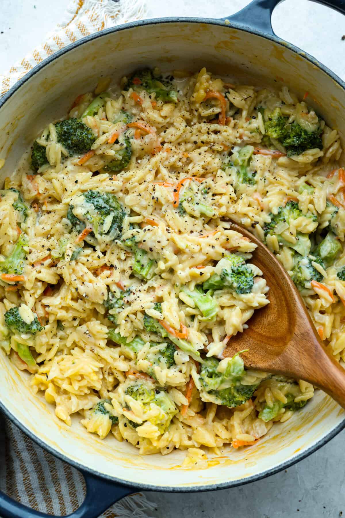 Broccoli Cheddar Orzo in a large skillet.