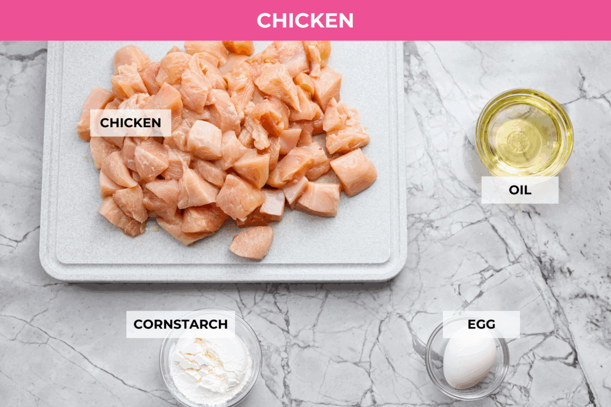 Overhead shot of labeled general Tso's chicken ingredients. 