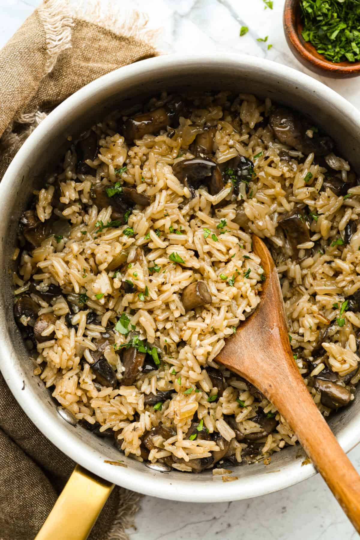 Overhead shot of cooked mushroom rice.