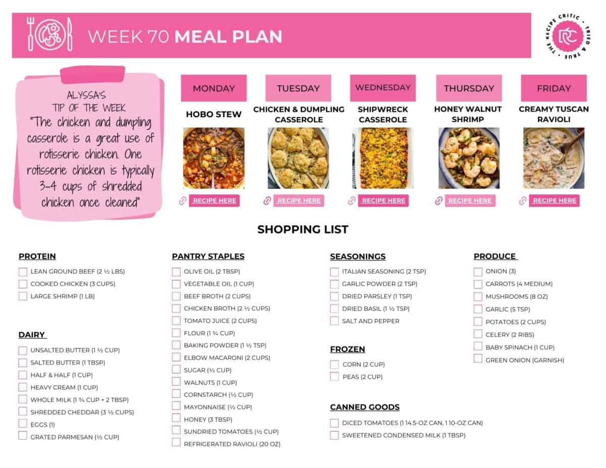 An image of the weekly meal plan printable shopping list. 