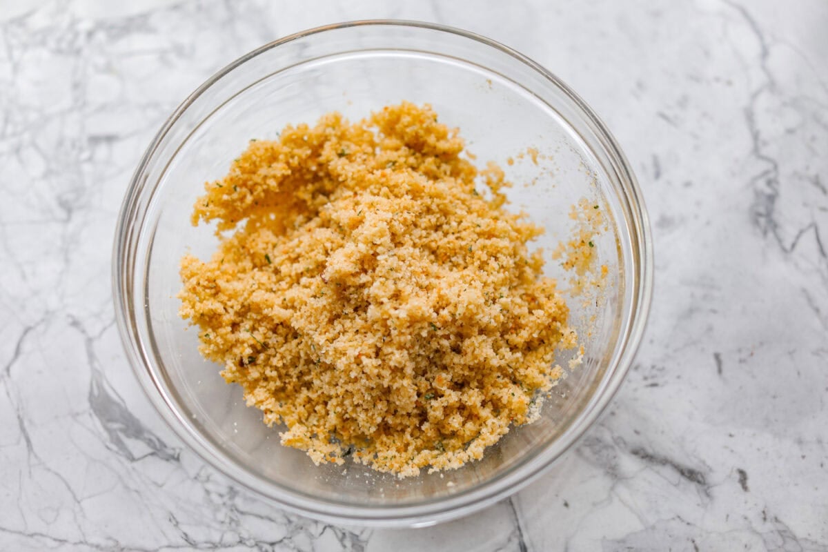 Breadcrumb topping mixed together in a bowl. 