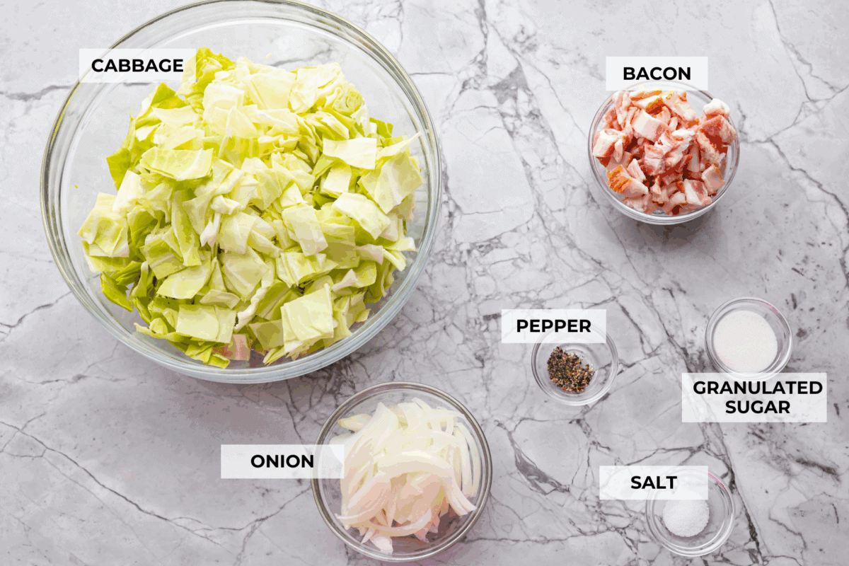 Overhead shot of labeled ingredients. 