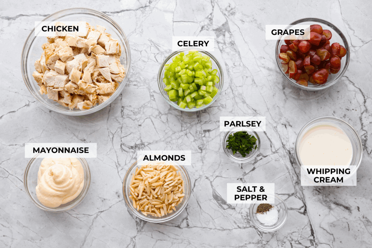 Overhead shot of labeled ingredients. 