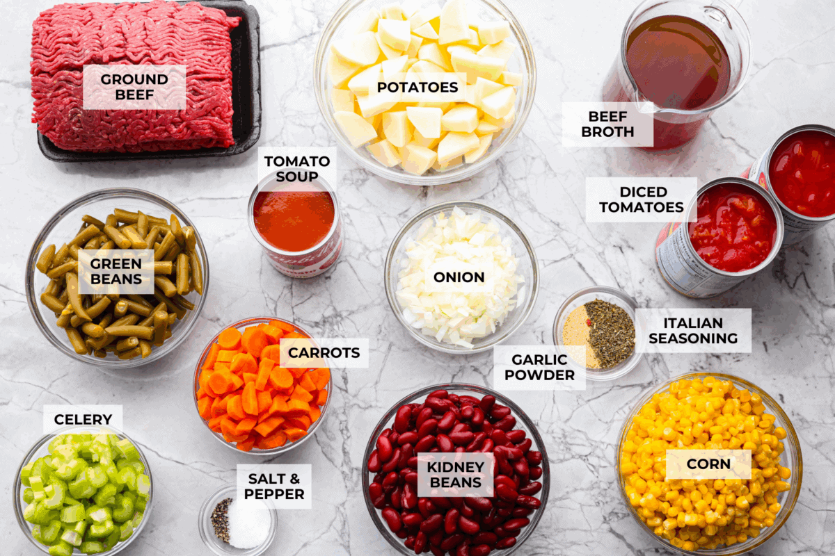 Overhead shot of labeled ingredients. 
