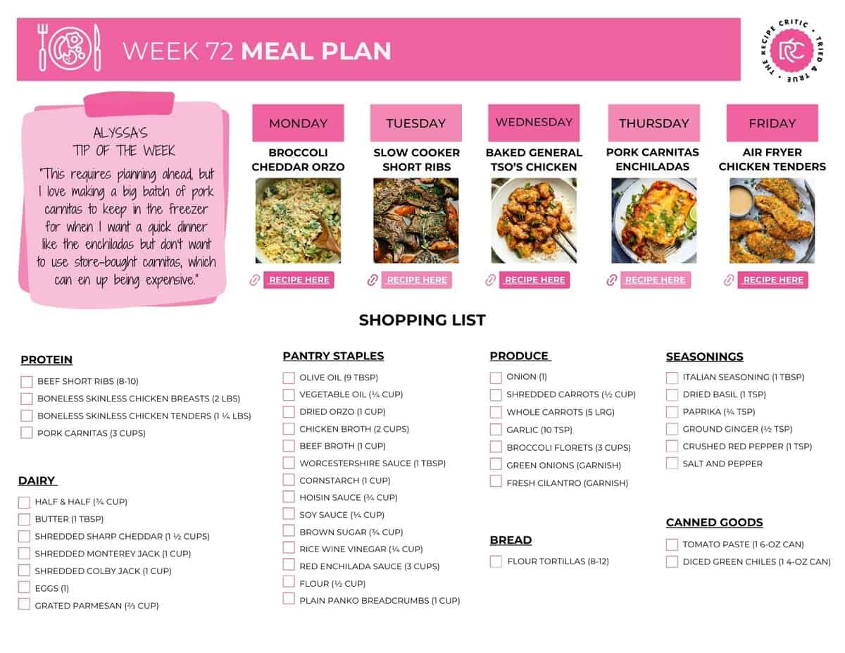 Printable shopping list for the weekly meal plan. 