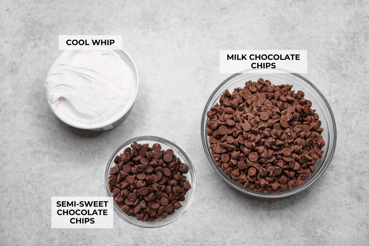 This 3 Ingredient Cool Whip Candy tastes just like a Three Musketeers! Fluffy on the inside, smooth chocolate on the outside, and so easy to make. It is the kind of treat you stash in the freezer and keep sneaking for yourself! Overhead shot of labeled cool whip candy ingredients.