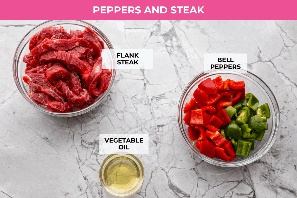Overhead shot of labeled pepper steak ingredients. 