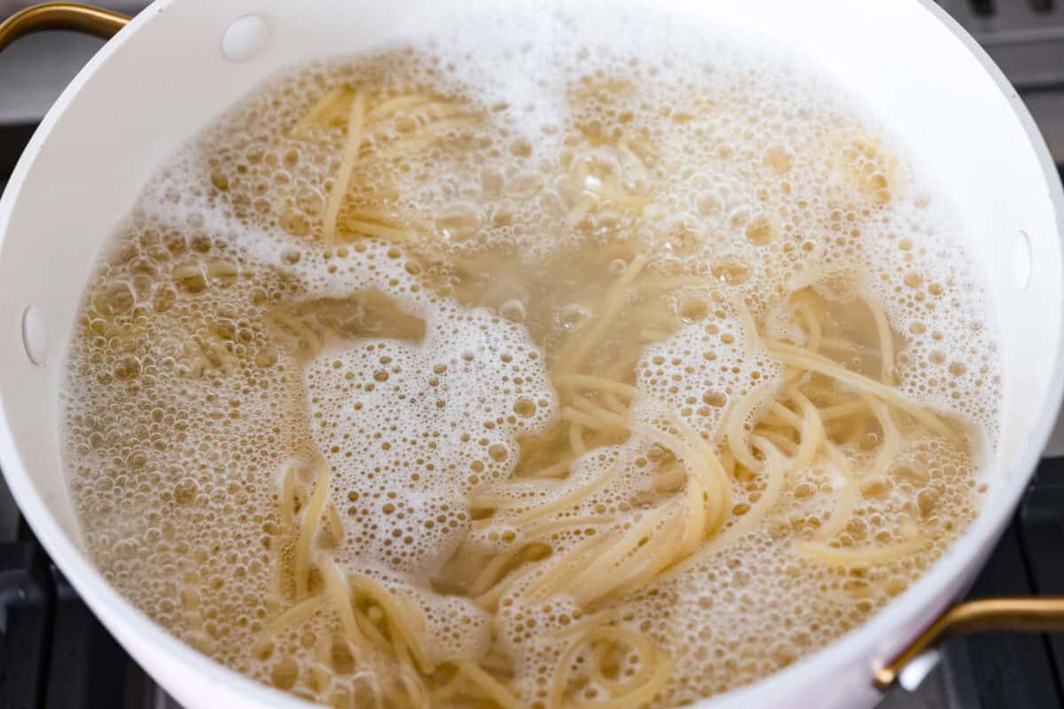Pasta cooking in boiling water.