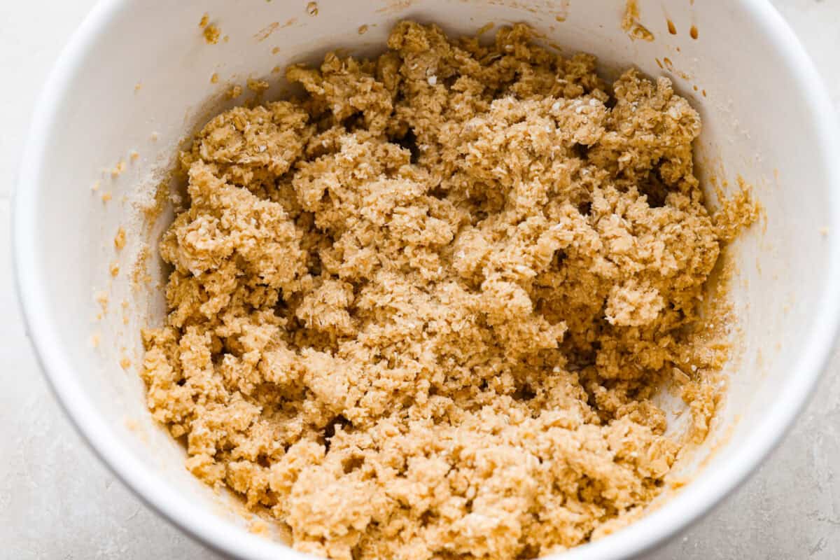 Wet and dry ingredients combined and mixed together in a bowl. 