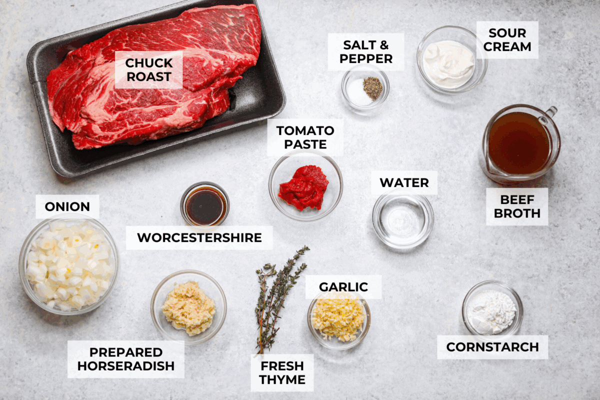 Overhead shot of labeled horseradish pot roast ingredients. 