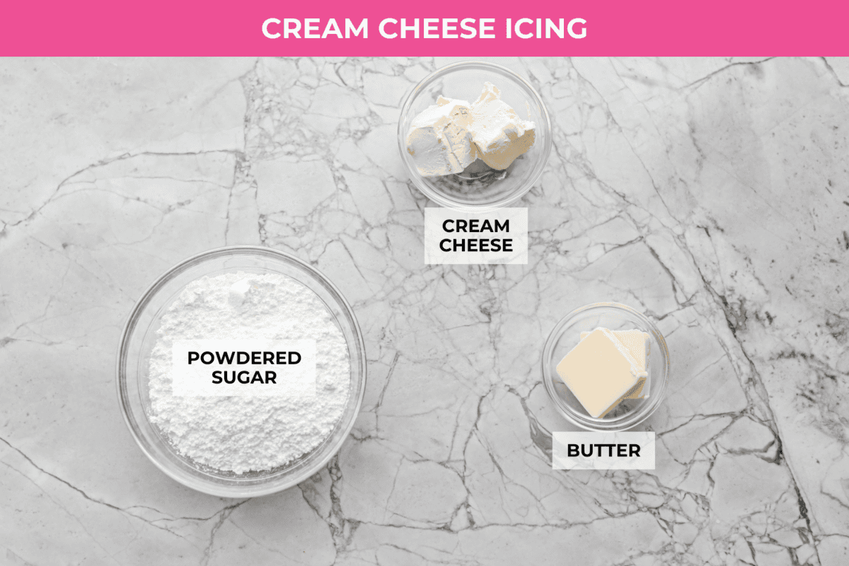 Overhead shot of labeled cream cheese icing ingredients. 