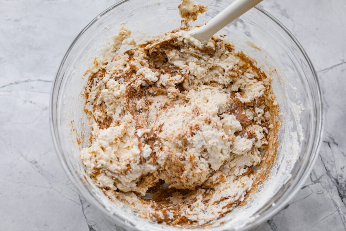 Cinnamon sugar mixture combined with the buttermilk biscuit mixture. 