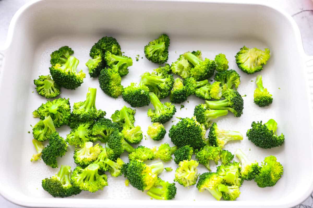 Steamed broccoli spread out in the bottom of the casserole dish.