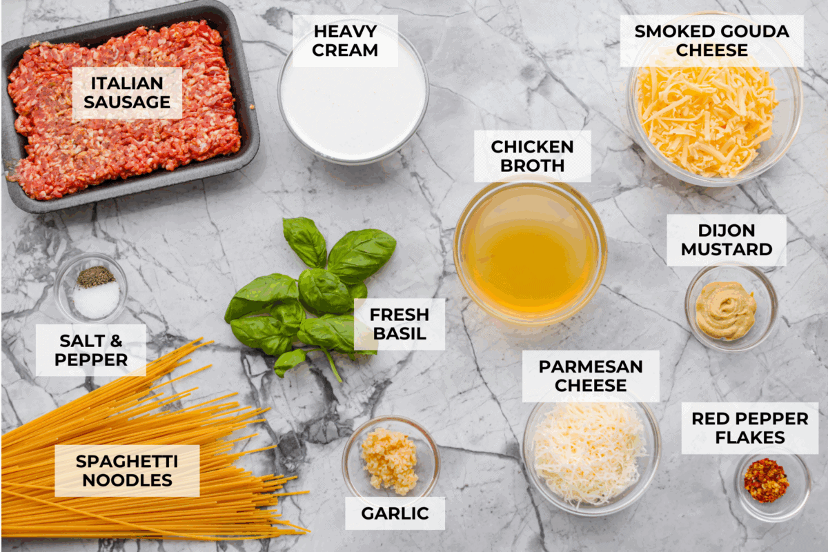 If you love a creamy pasta with big flavor, this creamy sausage spaghetti needs to be on your menu. Smoked Gouda adds depth, the sausage brings a little heat, and fresh basil adds brightness. Simple ingredients, quick to make, and always a hit! Overhead shot of labeled creamy sausage spaghetti ingredients.