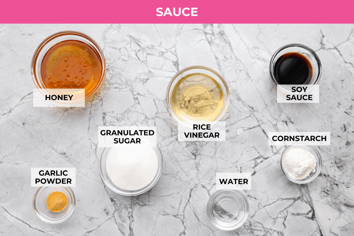 Overhead shot of labeled PF Chang's honey chicken sauce ingredients. 