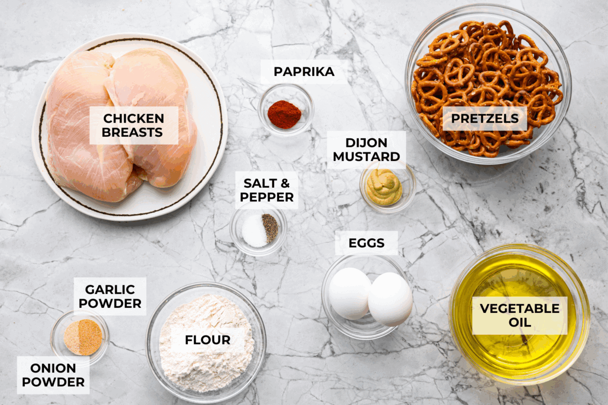 Overhead shot of labeled ingredients. 