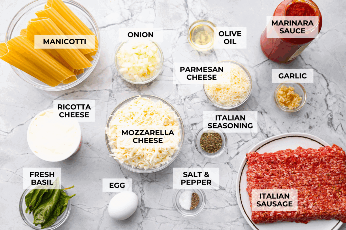 Overhead shot of labeled sausage manicotti ingredients. 