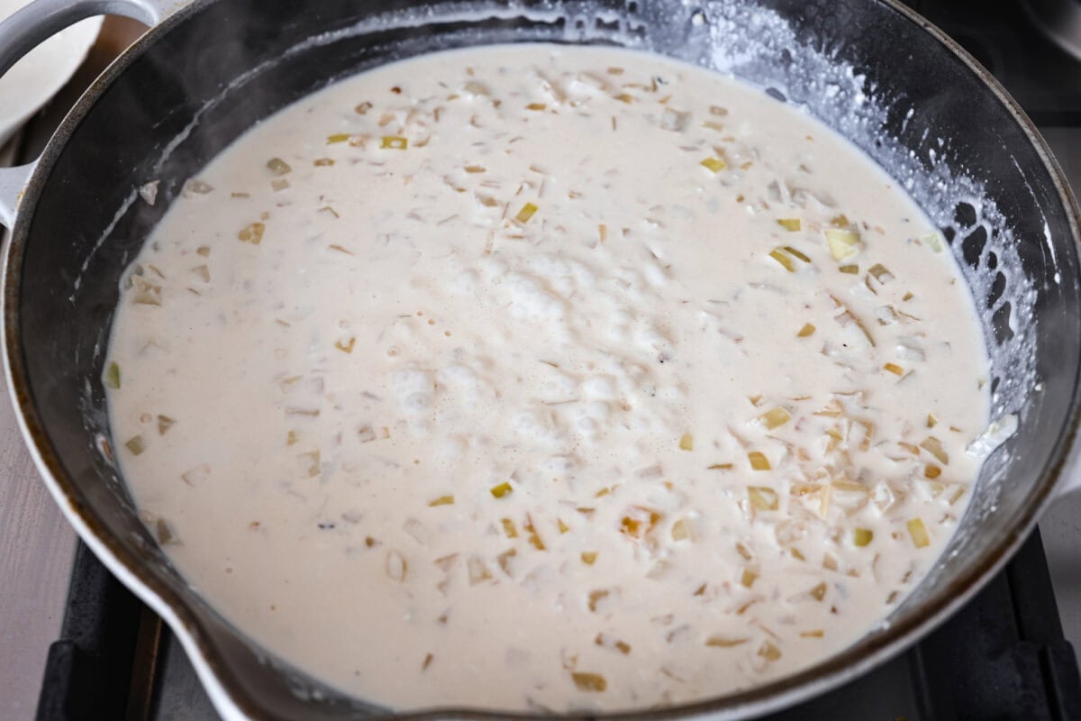 Broth added to the pan and cream cheese added to that and melted to start the sauce.