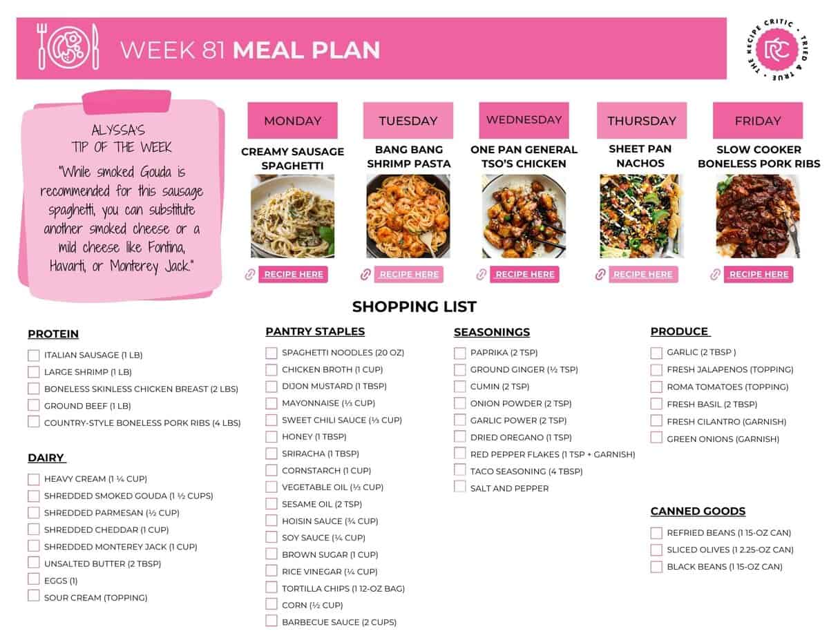 Image of the free printable shopping list for the weekly meal plan.