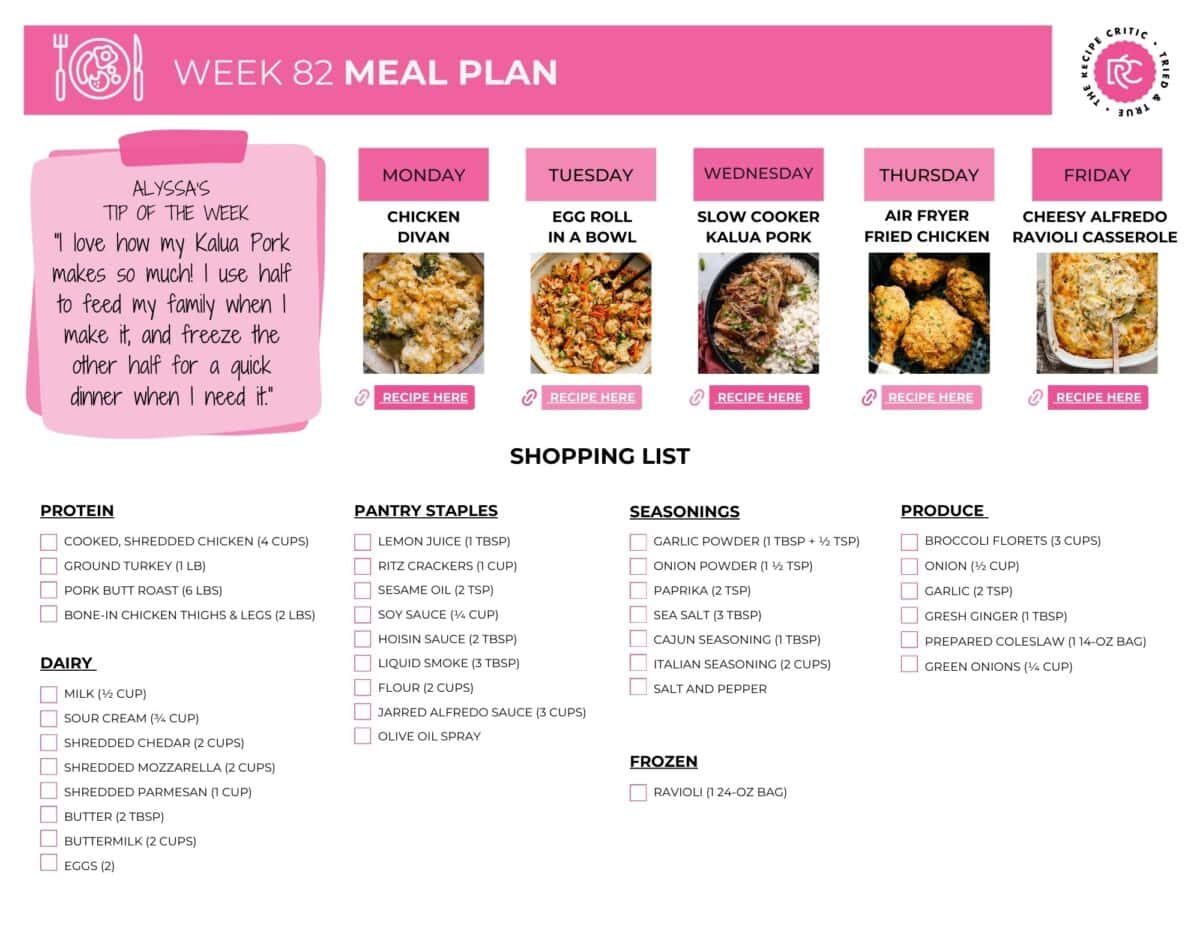 Image of the free shopping list for this weekly menu plan.
