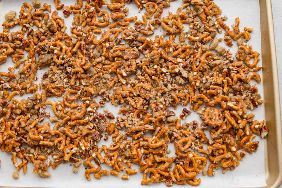 Crack pretzel toffee broken up into pieces.