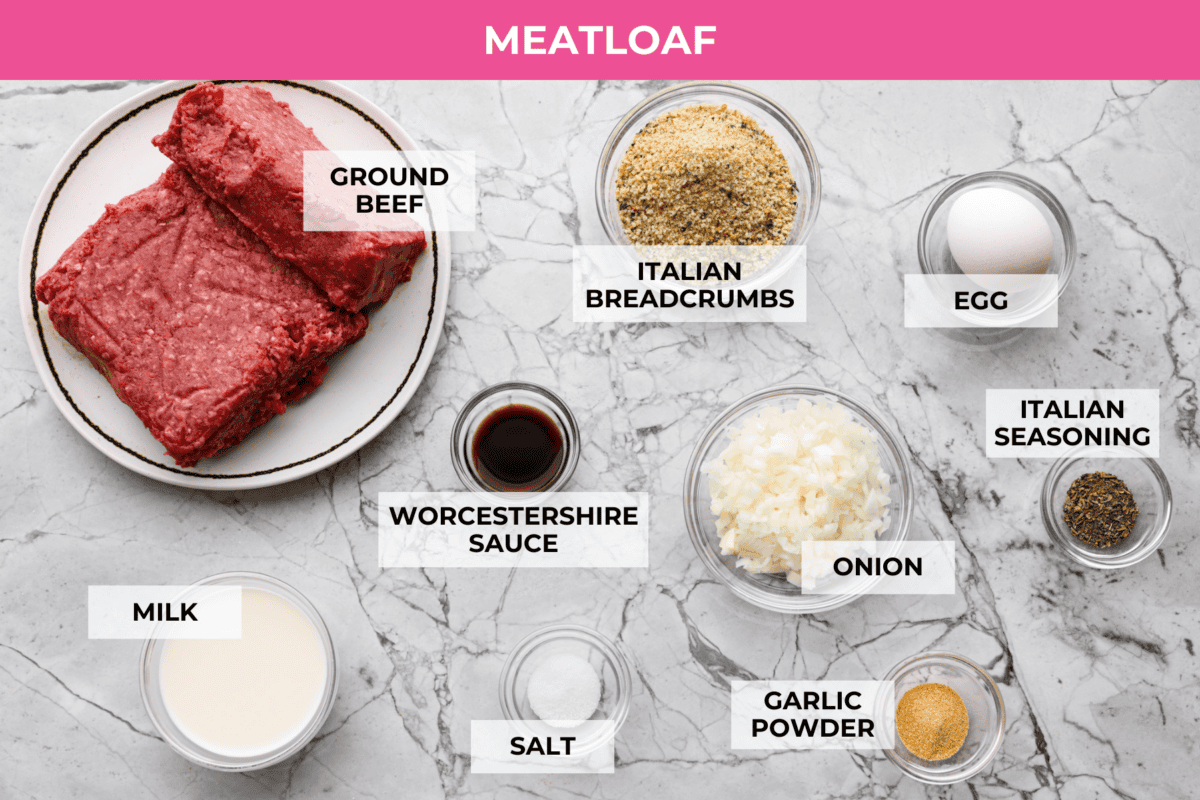 Overhead shot of labeled meatloaf ingredients. 