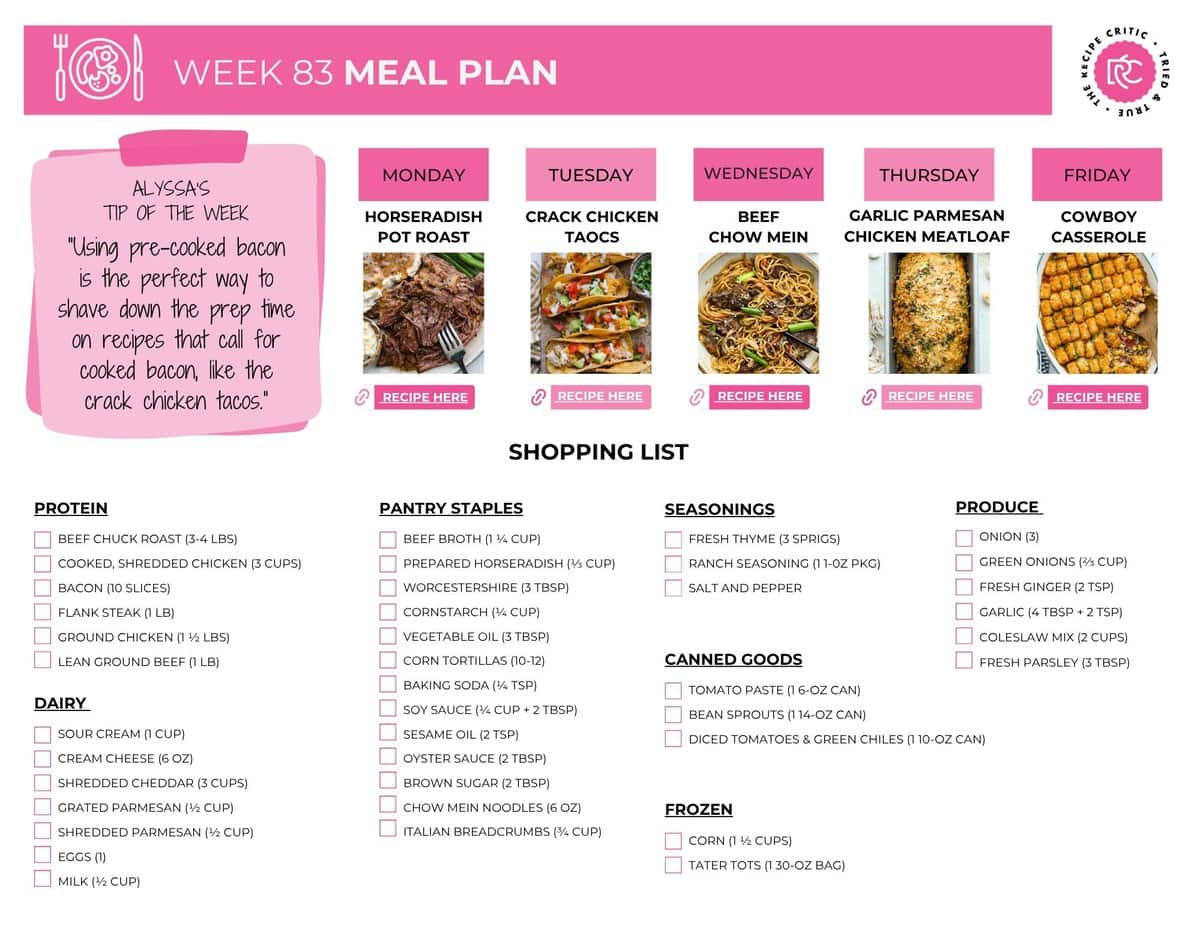 Free printable shopping list for this weeks meal plan. 